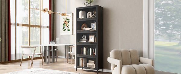English Elm 76.75'' Tall Steel Barrister Bookcase with Led Lit Shelves and Brass Hardware Display Black SN845P397473B