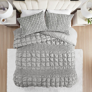 JLA Home Madison Park - 3 Ruched Comforter Set with Puffy Square Embroidery, Super-Soft Microfiber, Hypoallergenic Washable Grey MP10-8397