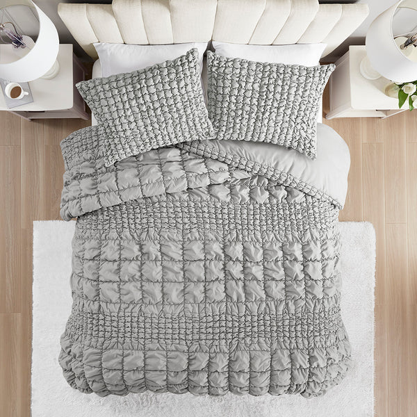 JLA Home Madison Park - 3 Ruched Comforter Set with Puffy Square Embroidery, Super-Soft Microfiber, Hypoallergenic Washable Grey MP10-8397