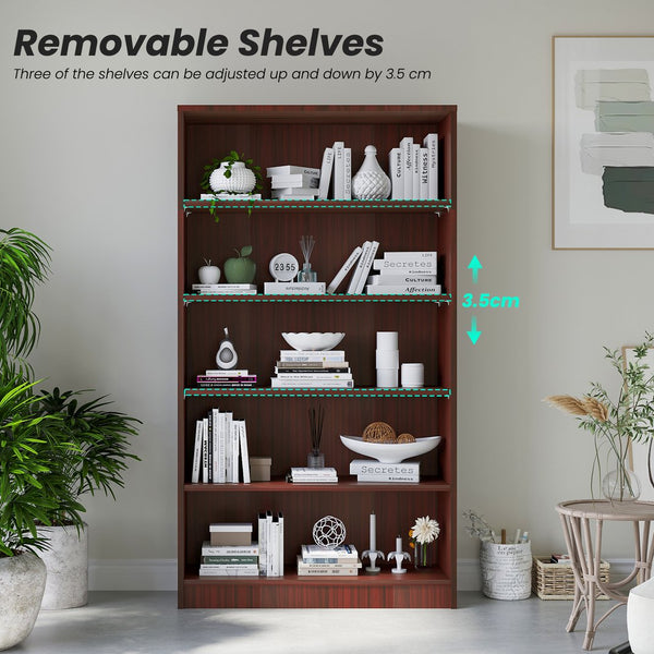 English Elm Bookshelf Mahogany 5-Tier 60" Modern Wood Bookcase — Sturdy 105lb Shelves, Tip-Over Safe Design T3623P379660