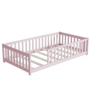English Elm Twin Solid Rubberwood Floor Bed with Full Perimeter Safety Rails for Toddler Rooms Pink W504P296798