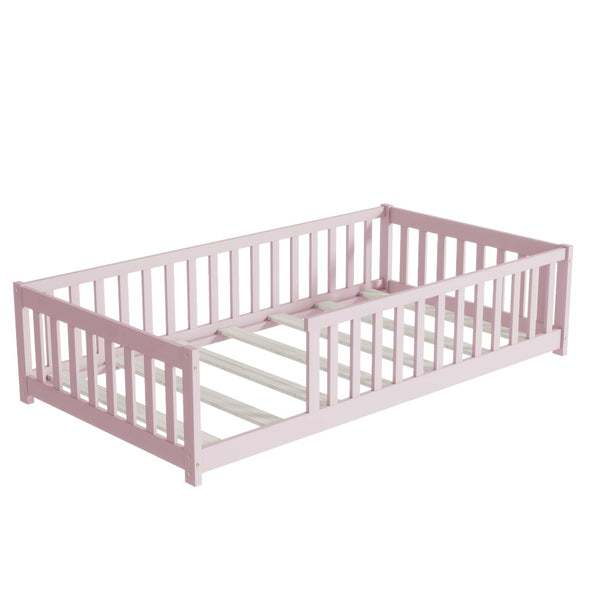 English Elm Twin Solid Rubberwood Floor Bed with Full Perimeter Safety Rails for Toddler Rooms Pink W504P296798