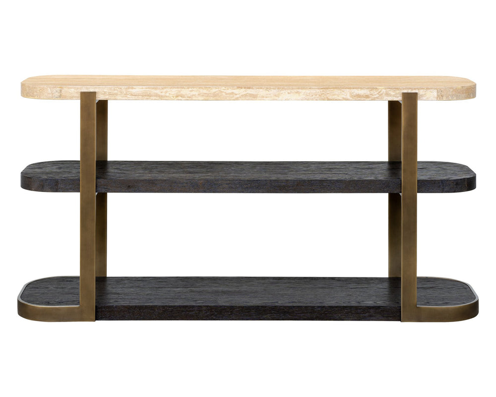 Basset Mirror Avalon Console Table - Modern Luxe Design With Beige Travertine Top & Espresso Oak Shelving, Elegant Touch Brown Wood,Metal,Stone 9440-lr-400