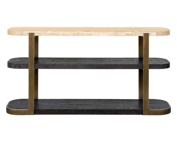 Basset Mirror Avalon Console Table - Modern Luxe Design With Beige Travertine Top & Espresso Oak Shelving, Elegant Touch Brown Wood,Metal,Stone 9440-lr-400