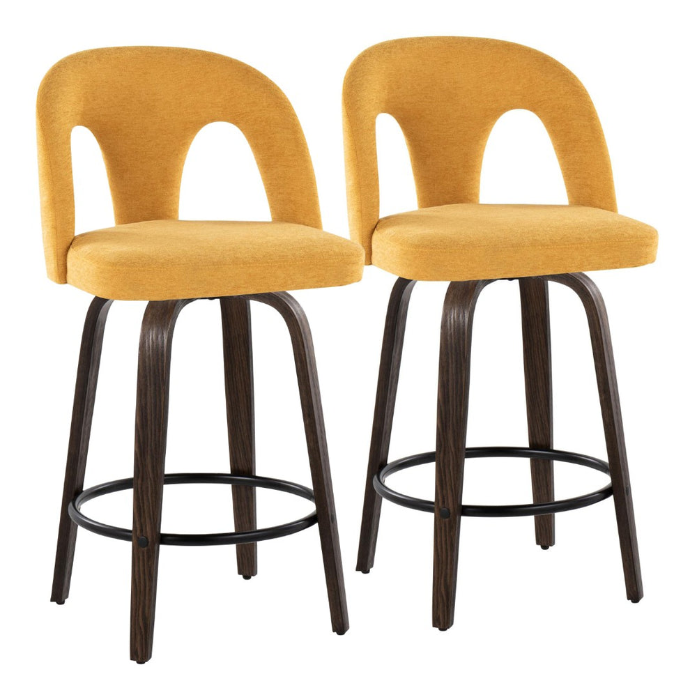 English Elm Fixed-height Swivel Counter Stools Mid-century Bentwood Walnut Frame Set of 2 B202S01787