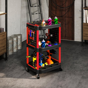 English Elm Capacity Three Tier Plastic Rolling Workshop Cart with Hooks Side Shelves Garage T3971P412713