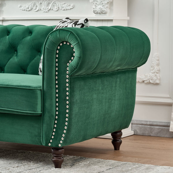 English Elm 87"Chesterfield Velvet Upholstery Sofa with Roll Armrests & Nailhead Trim, 3-Seater Luxurious Midcentury Design Green W3373S00047