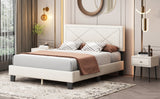 English Elm Simple Queen Size Upholstered Bed Frame With Rivet Design, Modern Velvet Platform Bed With Headboard, Beige