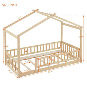 English Elm Twin Solid Pine House Bed Playhouse Frame with Fence Rail for Kids Rooms WF302176AAN