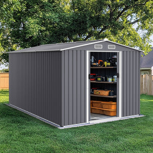 English Elm Outdoor Galvanized Steel Storage Shed 8x12 Ft with Sliding Doors and Air Vent W2911S00005