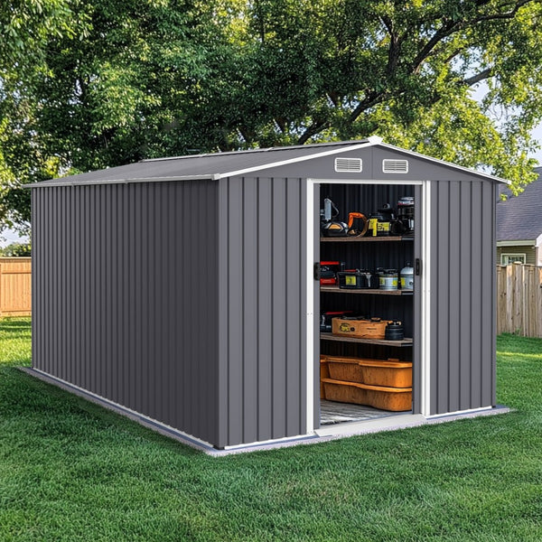 English Elm Outdoor Galvanized Steel Storage Shed 8x12 Ft with Sliding Doors and Air Vent W2911S00005
