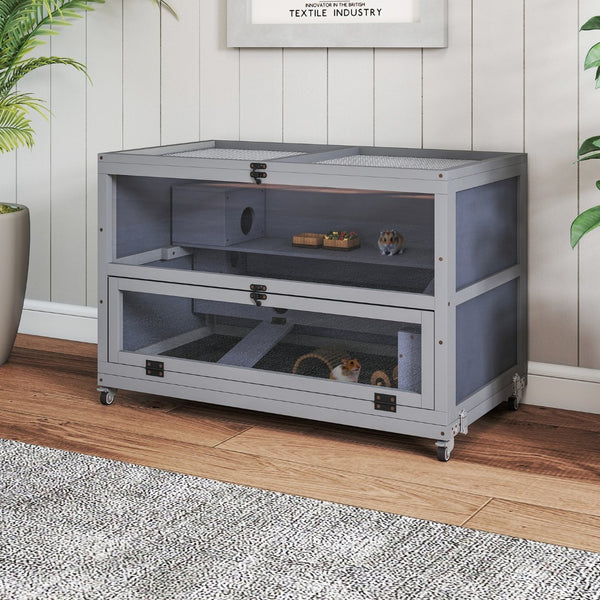 English Elm Wooden Pinewood Small Animal Habitat with Acrylic Panels Ramps Tunnel and Rolling Base W2181P362983