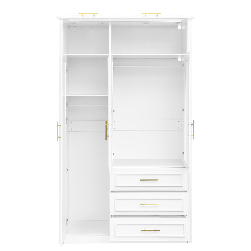 English Elm 3 Door Wardrobe Armoire Closet with LED Lighting, 4-Door Style, 3 Drawers, White Gold Accents, Spacious Storage N7090001843K