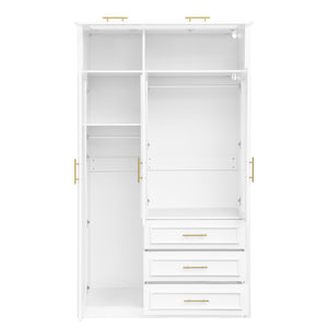 English Elm 3 Door Wardrobe Armoire Closet with LED Lighting, 4-Door Style, 3 Drawers, White Gold Accents, Spacious Storage N7090001843K