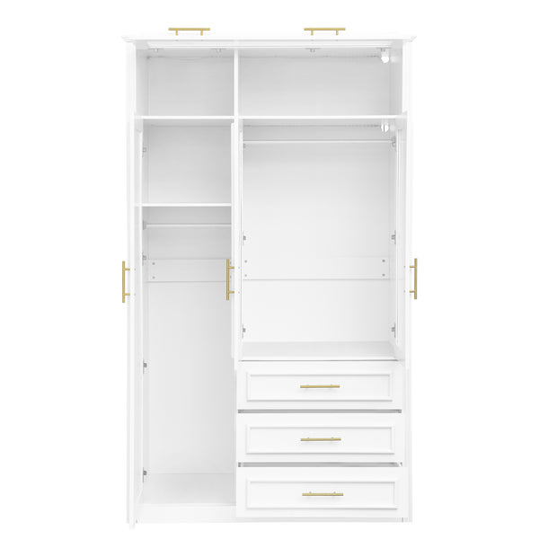 English Elm 3 Door Wardrobe Armoire Closet with LED Lighting, 4-Door Style, 3 Drawers, White Gold Accents, Spacious Storage N7090001843K