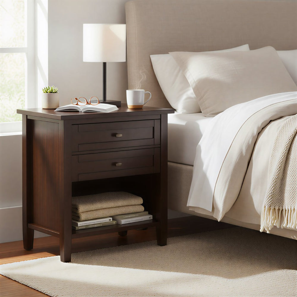 English Elm Warm Shaker Solid Pine Nightstand Two Drawer Open Shelf Farmhouse Bedside Storage B136P420752