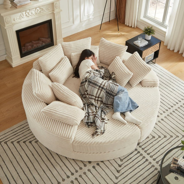 English Elm 78.5-inch Corduroy Round Convertible Recliner Sofa Bed with Neck Support and Throw Pillows Beige W834S00564