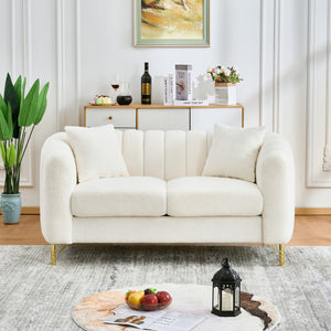 English Elm 63" Chenille Loveseat Sofa Luxury 2-Seater Deep Tufted Couch with Gold Metal Legs and Pillows Beige W3373S00036