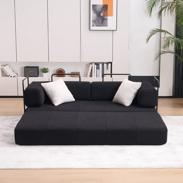 English Elm Folding Sofa Bed with Corduroy Cover, 78.5" Convertible Futon Couch, No-Assembly Foam Spring Mattress, Compact Sleeper for Living Room Black W2915P276677