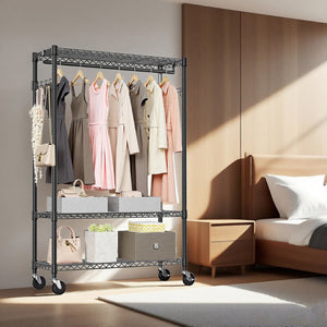 English Elm Heavy Duty Rolling Garment Rack Freestanding Closet Organizer with Adjustable Steel Shelving Black W5386P445625