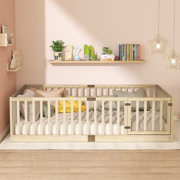 English Elm Twin Montessori Floor Bed Solid Rubber Wood with Safety Fence Rails Toddler Room W504P411200