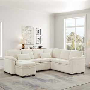 English Elm 97 Inch L-shaped Chenille Sectional Sofa with Sleeper Storage Ottoman 7 Seats Beige W1669S00017