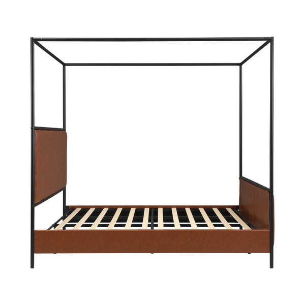 English Elm King Canopy Bed Iron Four Post Frame with Pu Leather Upholstered Headboard Footboard N757K343427O