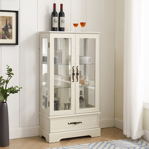 English Elm Lighted Glass Curio Cabinet - Elegant 2-Door Display With Adjustable Shelves & Integrated Lighting, White Finish W1758P300115