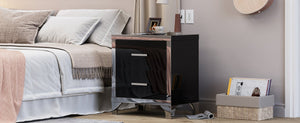 English Elm High Gloss Mirrored 2 Drawer Nightstand Slim Metal Legs Modern Bedroom Side Table Black W5271P416537
