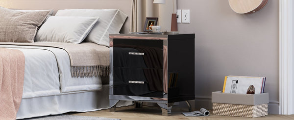 English Elm High Gloss Mirrored 2 Drawer Nightstand Slim Metal Legs Modern Bedroom Side Table Black W5271P416537