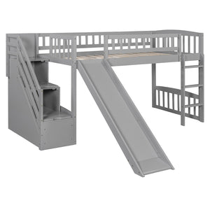 English Elm Stairway Twin Loft Bed with Storage Staircase Slide and Guardrails for Kids Gray LT000515AAE-1