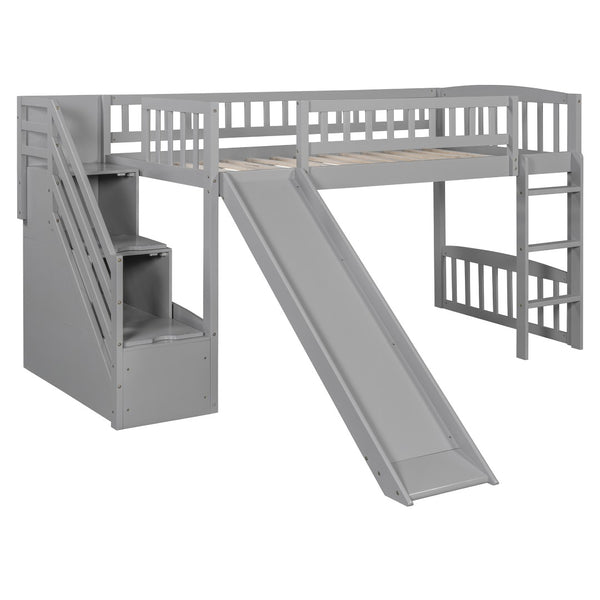 English Elm Stairway Twin Loft Bed with Storage Staircase Slide and Guardrails for Kids Gray LT000515AAE-2