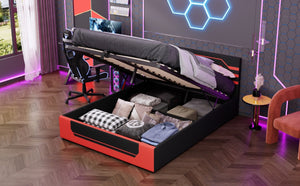 English Elm Modern Cyberpunk Queen Platform Bed Hydraulic Storage Pu Upholstered Gaming Frame Black+Red SF000205AAJ