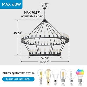 English Elm 59.06 Inch Matte Black Wagon Wheel Chandelier 54 Light Farmhouse Grand Entryway W5008P389266