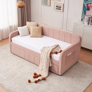 English Elm Twin Upholstered Daybed with Trundle Sofa Bed for Guest Room, Pine Wood Frame, Velvet Upholstery, Sturdy Slat Support and Full-Length Comfort Pink W1361S00023