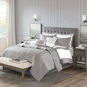 JLA Home Madison Park - 8 Luxury Comforter and Quilt Set Collection — Hotel-Inspired Layered Bedding with Embroidered Pillows, Machine Washable, Taupe-Compatible, Year-Round Comfort Grey MP10-6140