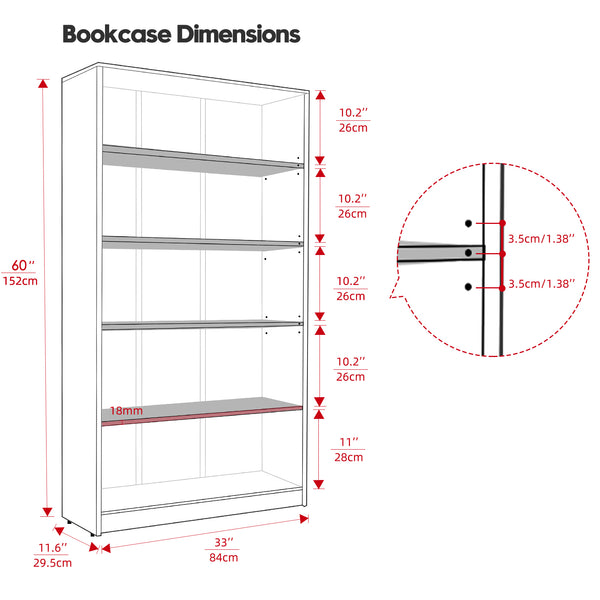 English Elm 5 Shelf Modern Wood Bookshelf - 60" Tall Black Bookcase, 105 lb Shelves, Tip‑Over Safe, Waterproof Durable Organizer T3623P379673