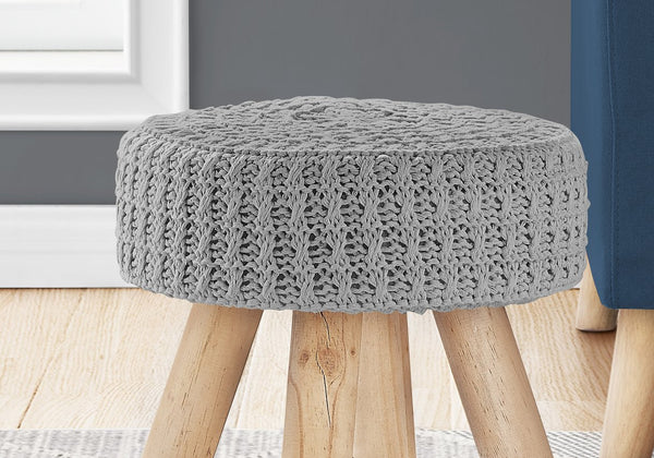 English Elm Ottoman, 12" Round Grey Velvet Pouf with Padded Seat, Natural Wood Legs, Versatile Accent Seat B2710P220012
