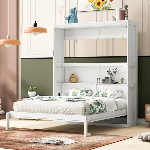 English Elm Queen Murphy Wall Bed with Integrated Shelving Foldable Mdf Cabinet for Guest Rooms White LP000693AAK-3