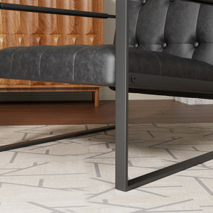 English Elm Accent Modern Upholstered Chair with Ottoman Black PU Linen, Plush Cushion, Metal Frame, Versatile Comfort for Living Room Office Bedside W578P357514