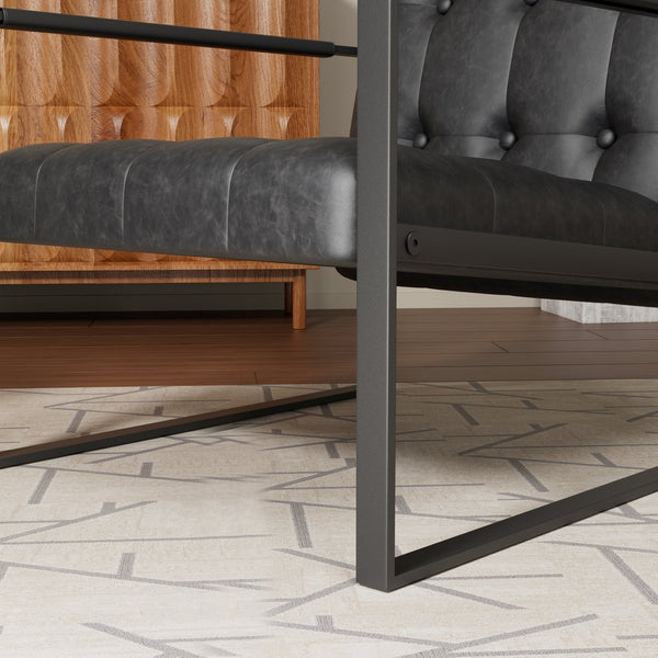 English Elm Accent Modern Upholstered Chair with Ottoman Black PU Linen, Plush Cushion, Metal Frame, Versatile Comfort for Living Room Office Bedside W578P357514