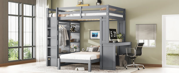 English Elm Full Solid Wood Loft Bed with Removable Lower Bed, Built-In Desk, Shelves & Wardrobe for Space-Saving Designs Grey W1580S00212