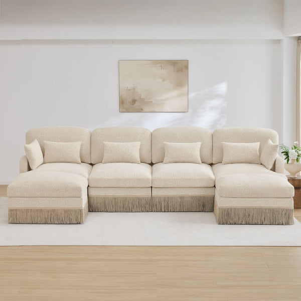 English Elm 131"comfy Chenille Leopard Print U-shaped Sectional with Tassel Trim and Modular Ottomans Beige W5656S00009