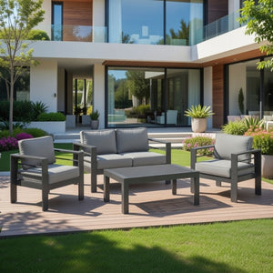 English Elm All-weather 4 Piece Outdoor Conversation Set Iron Frame Olefin Cushions Patio Seating Gray B082S00106