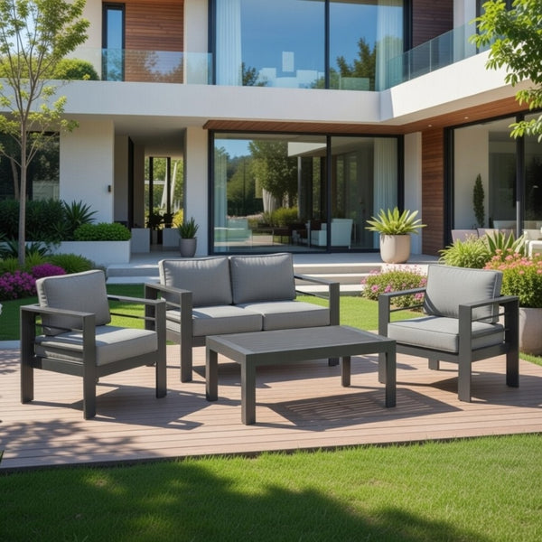 English Elm All-weather 4 Piece Outdoor Conversation Set Iron Frame Olefin Cushions Patio Seating Gray B082S00106