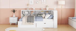 English Elm Wooden Full Size DayBed with Trundle, Pine Frame, Dual Storage Shelf and Built-in USB Charging Ports White 57.7 L x 16.25 W x 6.7 H N733S347772K
