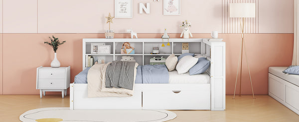 English Elm Wooden Full Size DayBed with Trundle, Pine Frame, Dual Storage Shelf and Built-in USB Charging Ports White 57.7 L x 16.25 W x 6.7 H N733S347772K