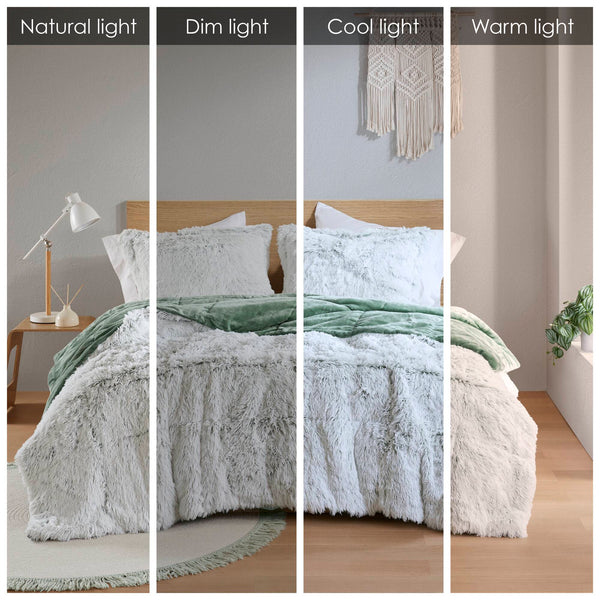 English Elm 3 Pcs King/Cal King Shaggy Faux Fur Comforter Mini Set - Luxurious Green/White Cozy Bedding Ensemble B035P319585