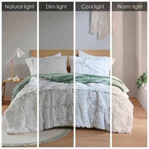 English Elm 3 Piece Shaggy Faux Fur Comforter Set Plush Lodge Style Hypoallergenic Bedding White+Green B035P319584