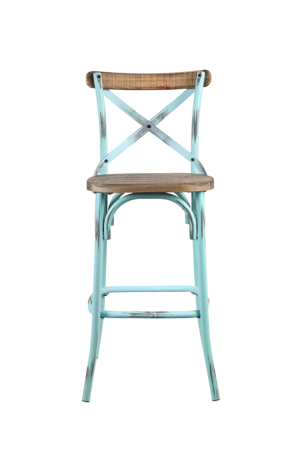 English Elm Zaire Vintage Industrial Armless Bar Chair with Antique Oak Wood Seat & Turquoise Metal X Back, 29" B2726P338126